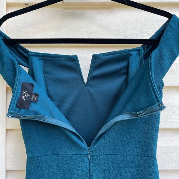 Armani Exchange turquoise off-shoulder bodycon dress, high-low valance, size 8 - Picture 3 of 11